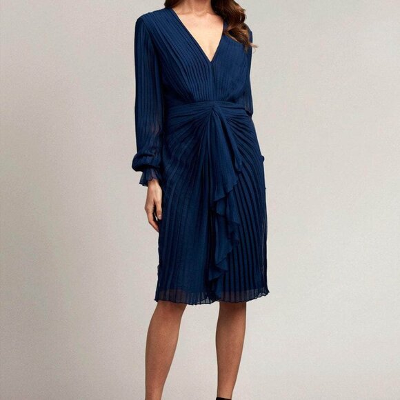 Tadashi Shoji Pleated Dress Long Sleeve Sapphire Blue Sz. 14 - Picture 4 of 9